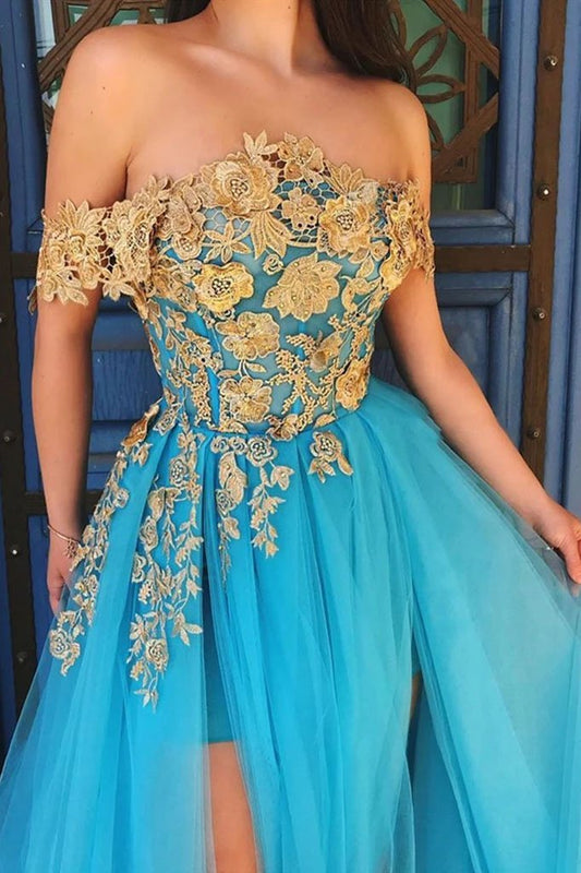 Elegant Off the Shoulder Blue Lace Prom Dresses with Gold Appliques Tulle Party Dresses STC15187