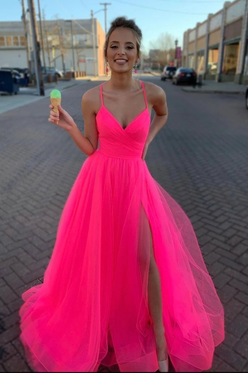 Modest Tulle V Neck Spaghetti Straps Pink Long Prom Dresses with STC15656