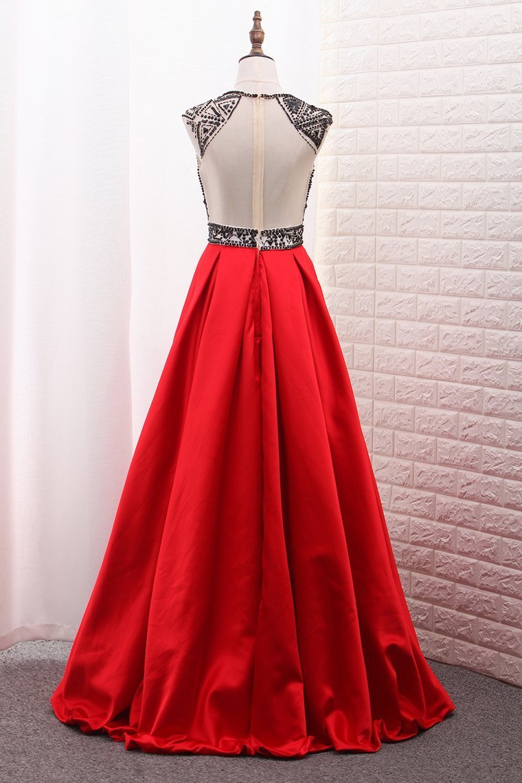 2024 A-Line Scoop Satin Prom Dresses Tulle Bodice Black Sequins Floor-Length With