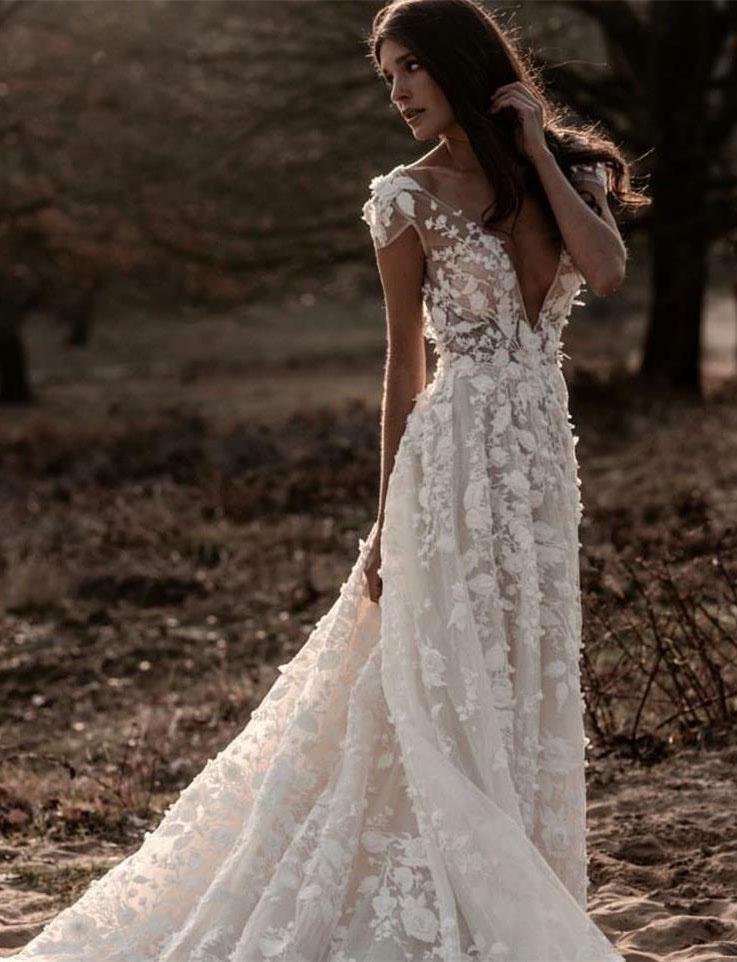A Line Ivory V Neck Country Wedding Dresses with Appliques, Beach Wedding Gowns STC15548