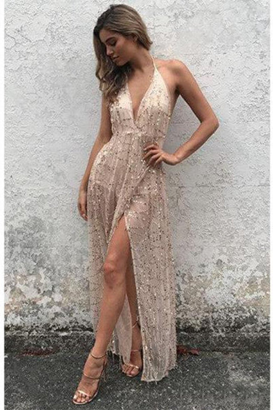 2024 Sexy Halter Lace Prom Dresses V Neck Formal Dress With Slit