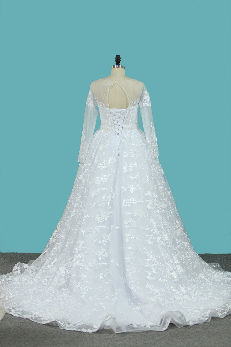 2024 Lace Wedding Dresses Long Sleeves Scoop A Line With Applique And Beads Court