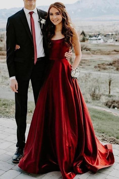 Elegant A Line Red Spaghetti Straps Satin Prom Dresses with Pockets, Evening STC15638