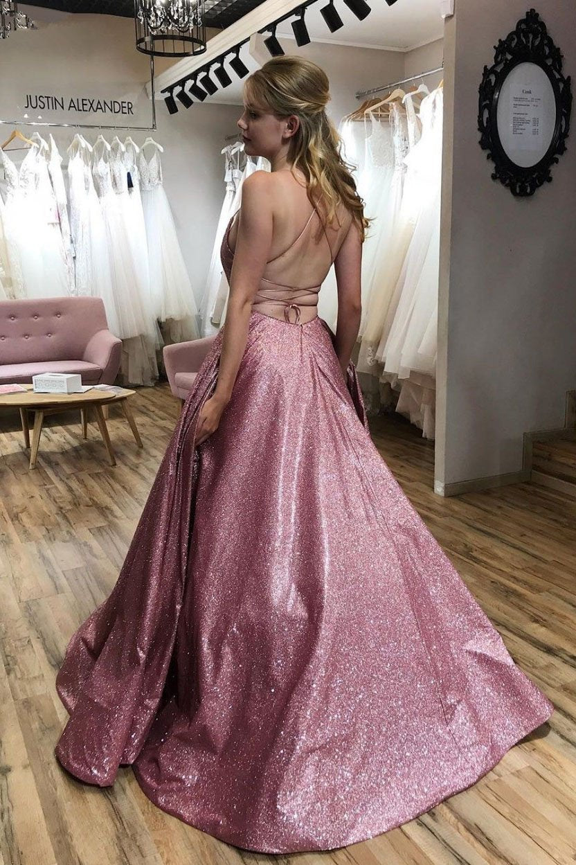 Unique A line Pink Sequins Spaghetti Straps Prom Dresses, Evening STC20450