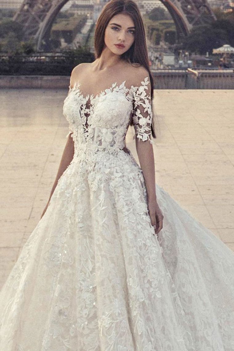 Pretty Half Sleeves Ivory Lace Ball Gown Wedding Dresses Modest Bridal
