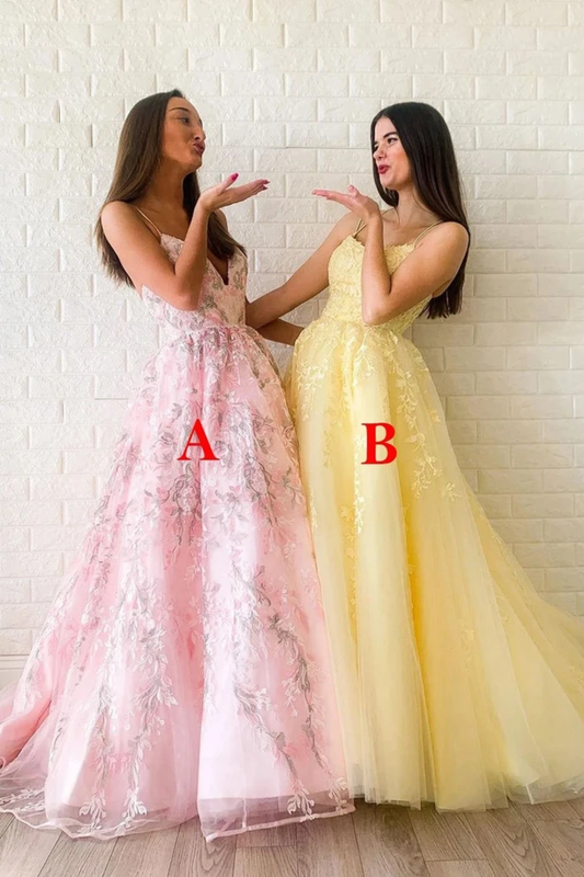 A Line Spaghetti Straps V Neck Lace Appliques Beads Lace Up Prom Dresses (Leave A Or B In The Remark STCPTGRK67K
