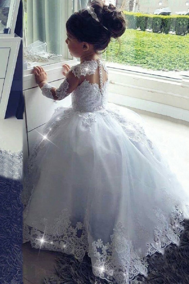 2024 Ball Gown Flower Girl Dresses Scoop Long Sleeves Tulle With