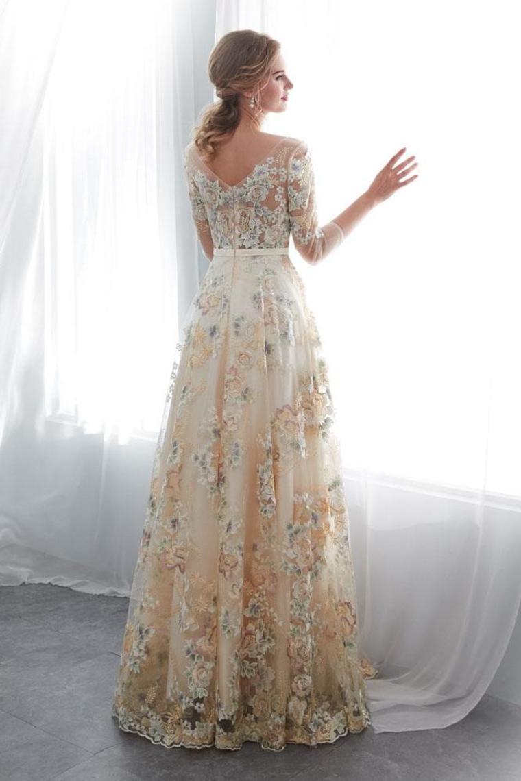 A Line Floor Length Floral Prom Dresses 3/4 Sleeves A-Line Empire Waist Long Evening