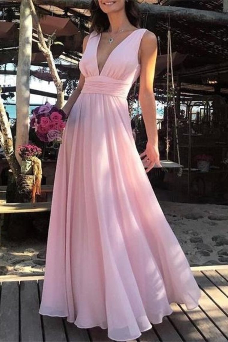 Flowy Simple Cheap Long V-Neck Pink Prom Dresses Party