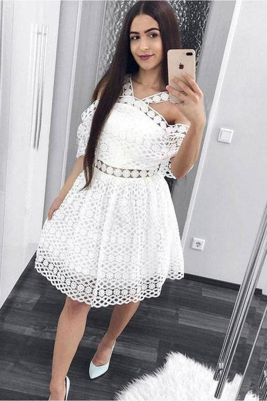 Cute A-Line White Lace Homecoming Dress,Short Prom