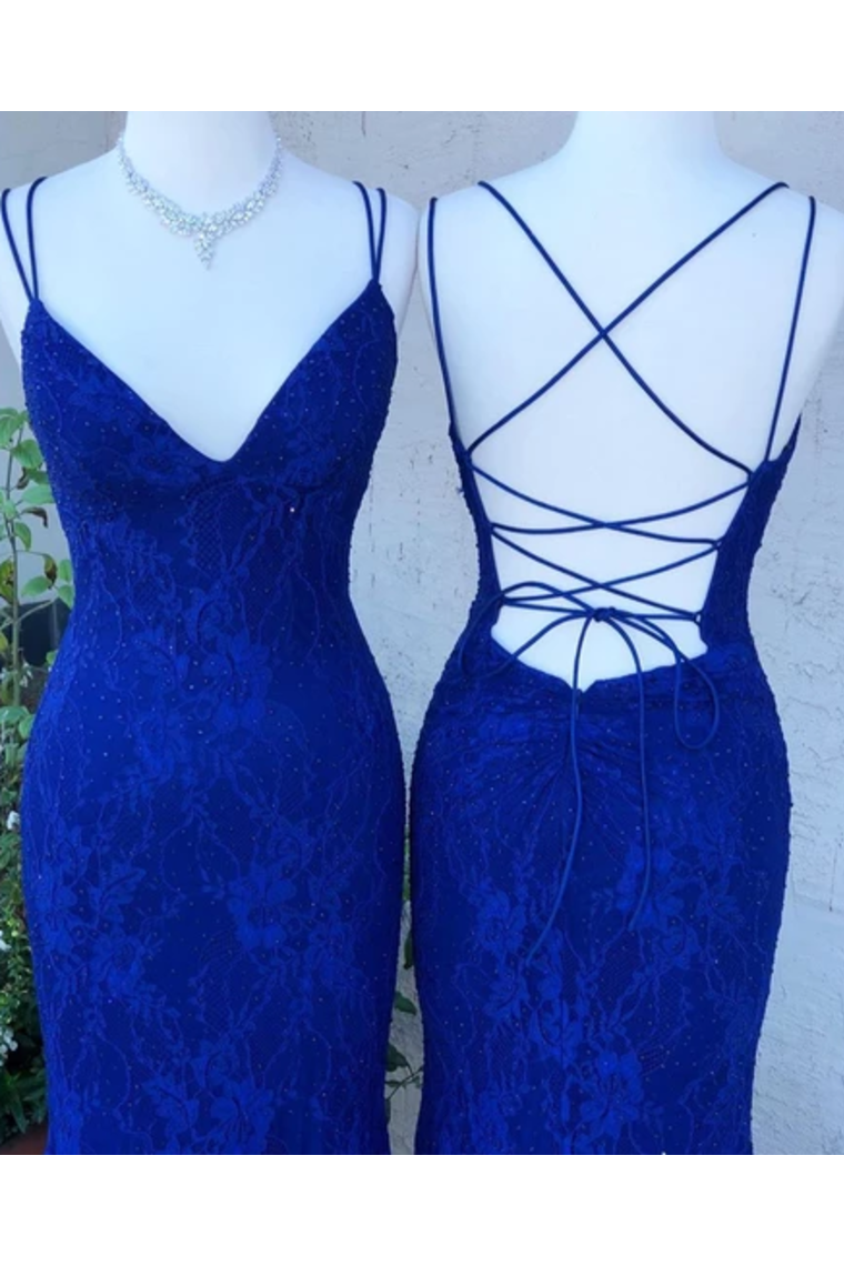 Spaghetti Crossed Straps Royal Blue Mermaid Prom Dresses V Neck Lace Formal