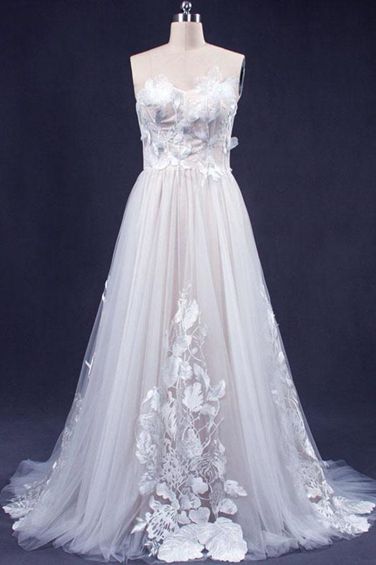 A Line Sweetheart Tulle Appliqued Wedding Dress, Strapless Tulle Bridal