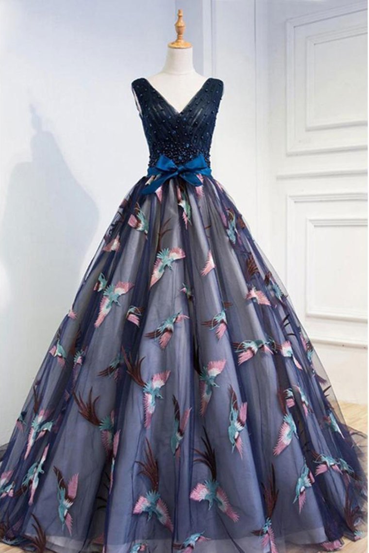2024 Beautiful Prom Dresses Ball Gown V Neck Lace Beading Bowknot Tulle Evening
