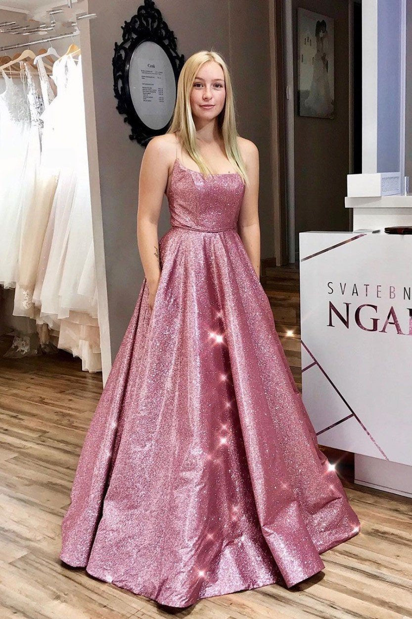 Unique A line Pink Sequins Spaghetti Straps Prom Dresses Evening STC15678