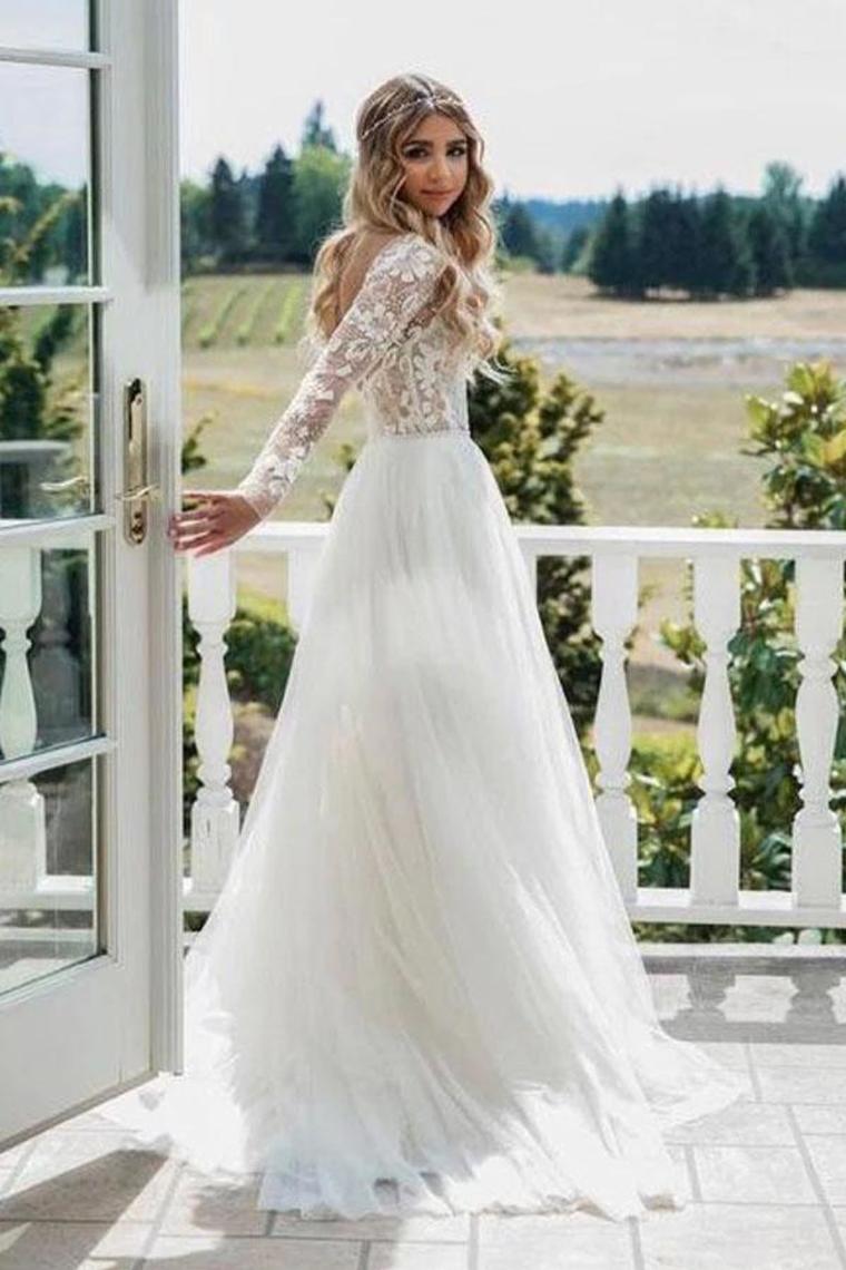 Chic A-Line Long Sleeves Lace Bodice See Through Wedding Dresses Backless Country Wedding STCPY73AEE8