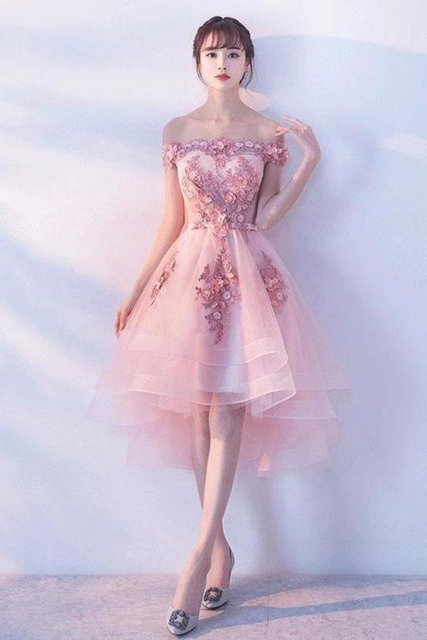 Pink Lace Tulle Short Prom Dress Off-the-Shoulder Appliques Lace up Homecoming Dresses STCPST13190
