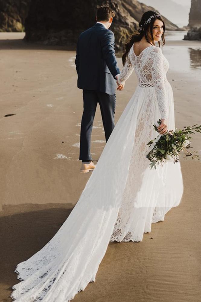 Charming A Line Long Sleeves V Neck Lace Ivory Beach Wedding Dresses, Bridal STC20395