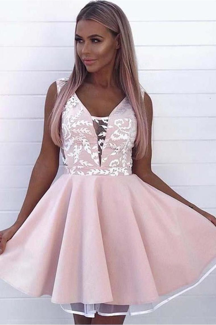 Fashion A Line V Neck Sleeveless Pink Appliques Short Homecoming