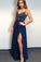 A Line Spaghetti Straps V Neck Chiffon Royal Blue Prom Dresses with Slit Beads Formal Dress STC15032
