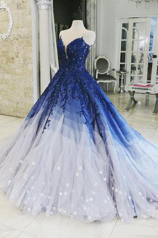 Ombre Ball Gown Royal Blue Prom Dresses With Appliques, Long V Neck Quinceanera Dresses STC15275