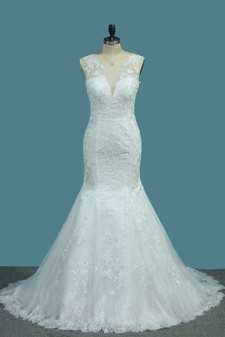 2024 Scoop Wedding Dresses Mermaid With Applique
