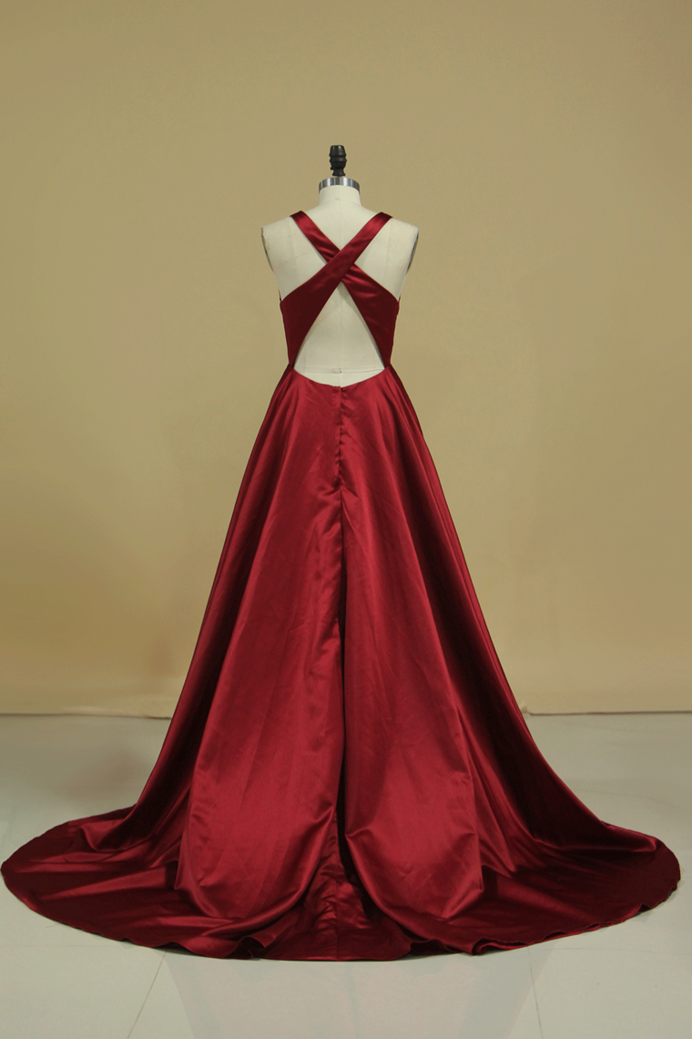 Red V Neck Evening Dresses A Line Sweep Train With Slit &