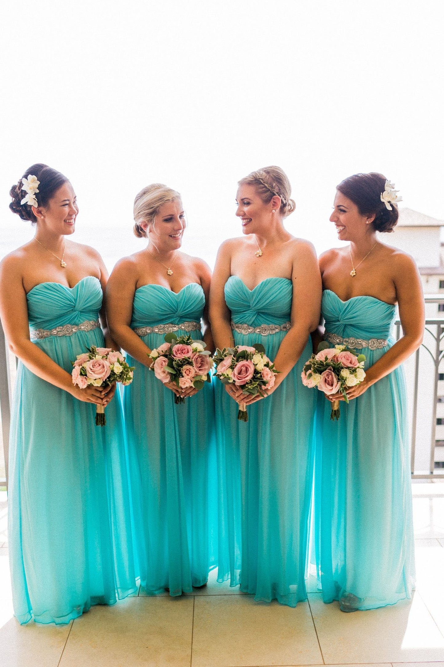 Sweetheart Strapless Tulle Turquoise Bridesmaid Dresses Beaded Wedding Party STC20473
