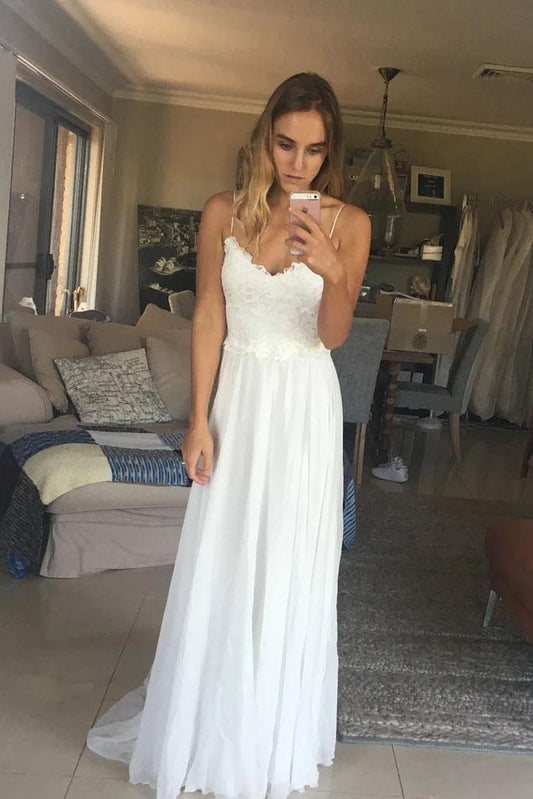 Elegant A Line Spaghetti Straps V Neck Top Lace Wedding Dresses, Bridal STC20461