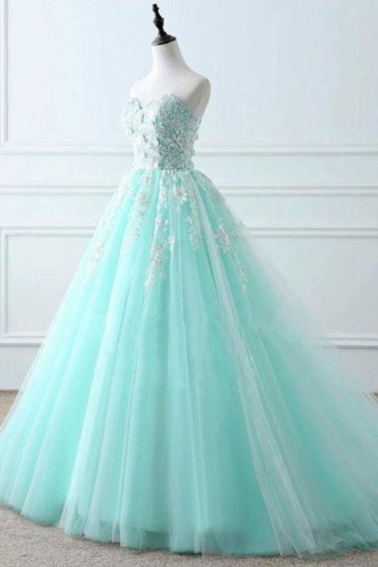 Sweetheart Puffy Tulle Prom Dress With Lace Appliques Long Graduation STCPKFJ5ZSA