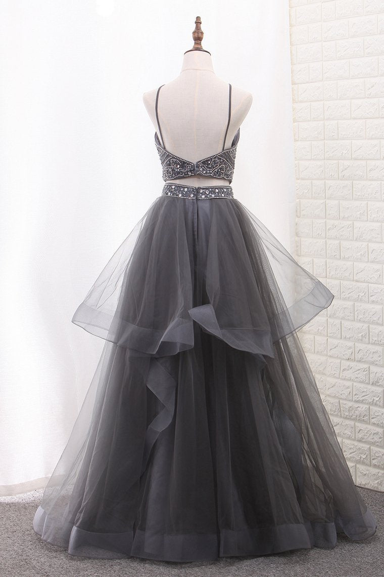 2024 A Line Tulle Spaghetti Straps Two-Piece Prom Dresses With