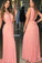 Elegant V Neck Chiffon Coral Straps V Neck Prom Dresses with Belt, Long Evening Dresses STC15212