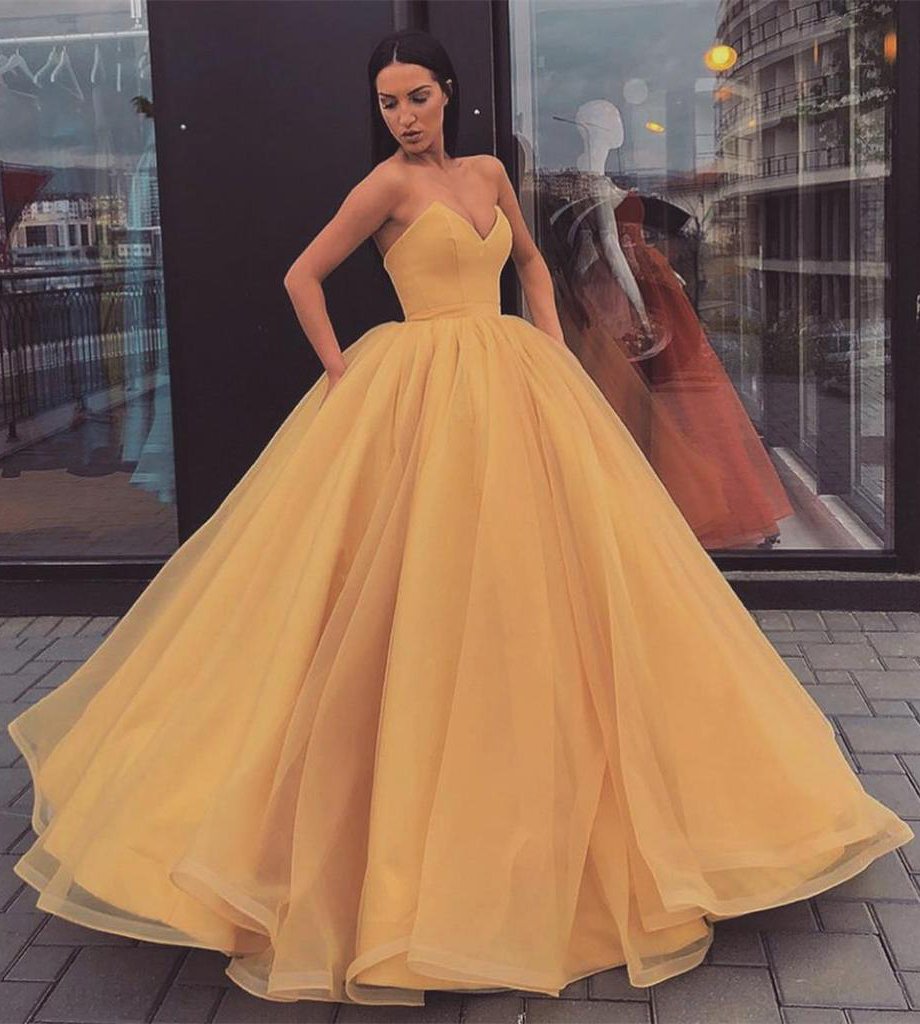 Sweetheart Strapless Yellow Long Modest Prom Gown, Ball Gown Quinceanera Dresses STC15441