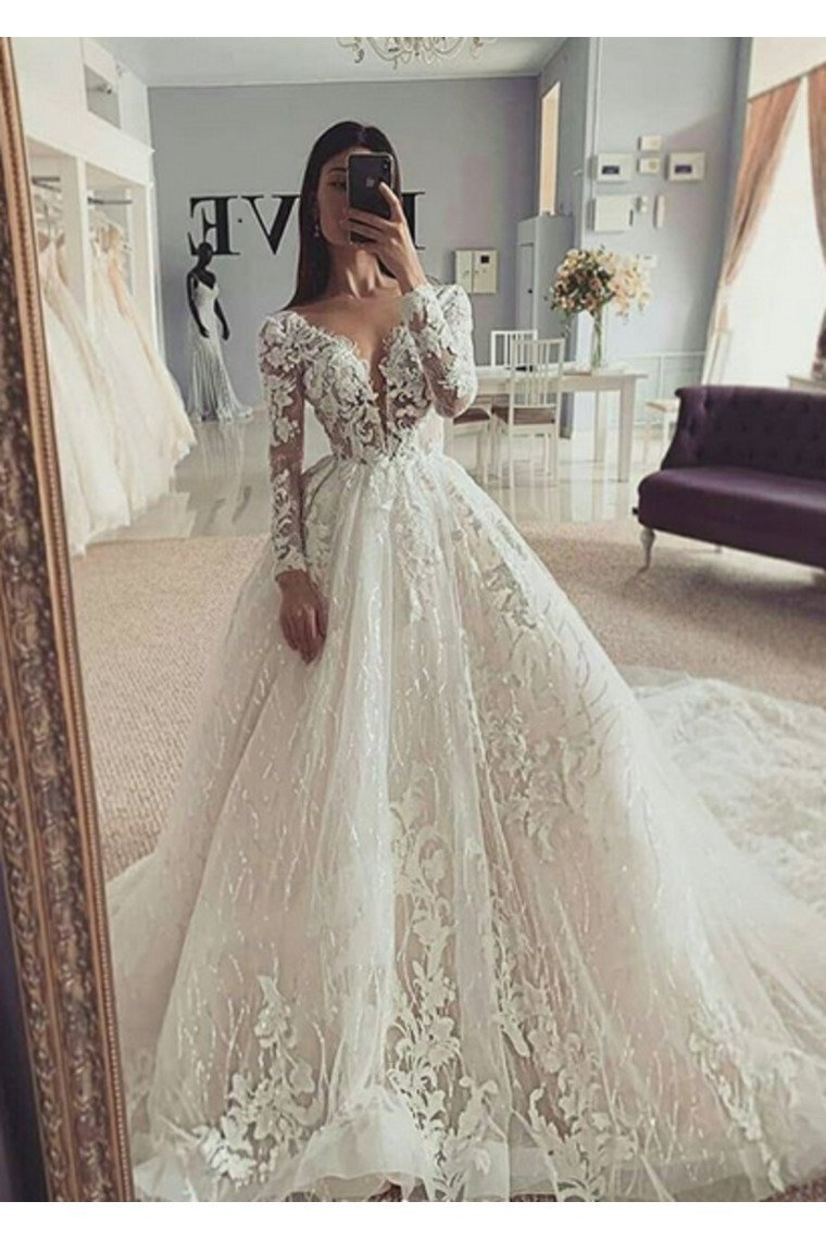 Ball Gown Illusion Long Sleeves Wedding Dress With Appliques V