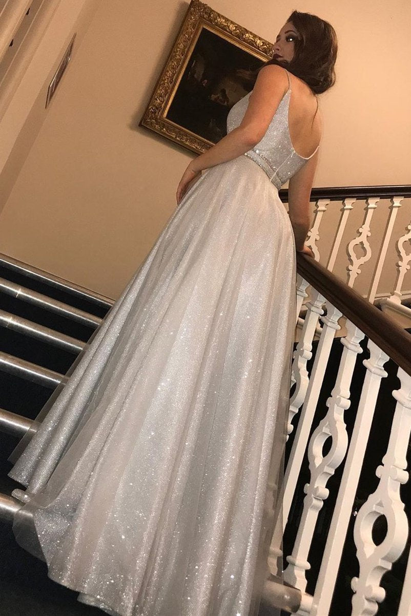 Glitter Silver Long Spaghetti Straps Prom Dresses with V Neck, Dance STC20418