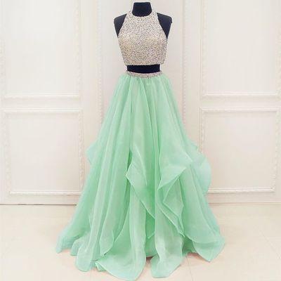 Stunning Sequins And Beaded Top Organza Ruffles Two Piece Prom Dress Prom Dresses