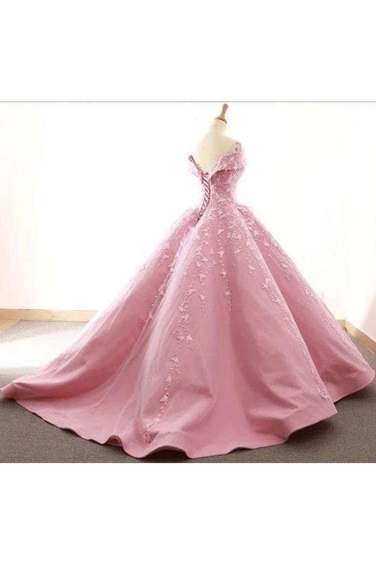 Ball Gown Off The Shoulder Satin Prom Dress With Appliques Long Quinceanera STCPDJZ6JB1