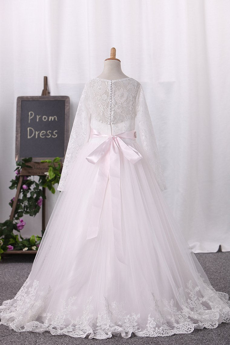 Scoop Tulle Lace Bodice With Sash/Belt Flower Girl Dresses