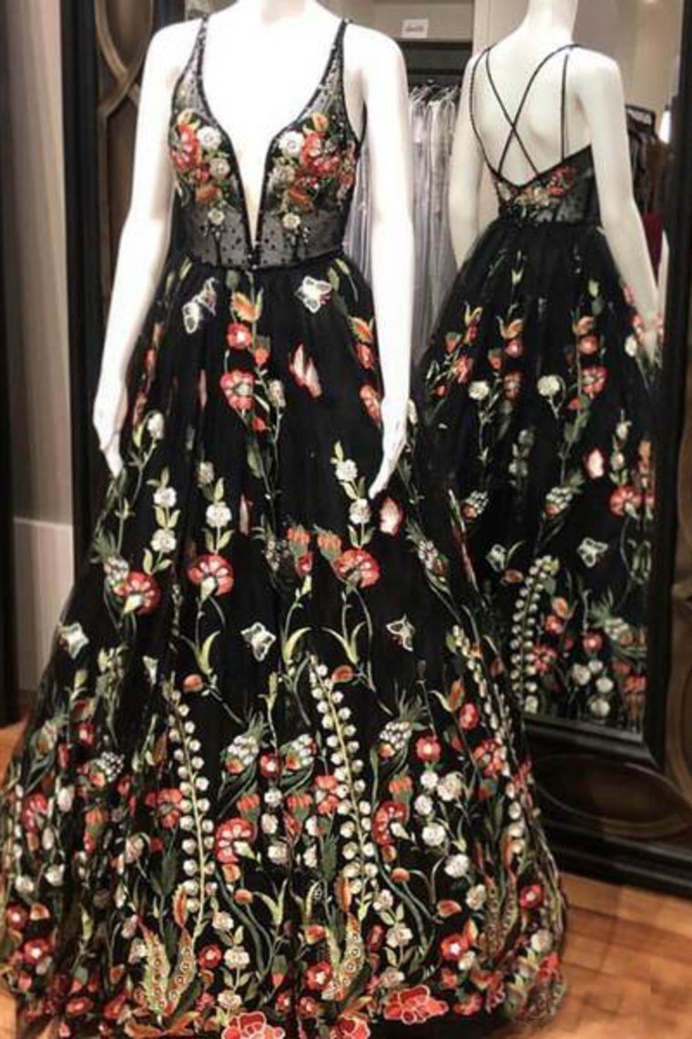 2024 Spaghetti Strap Black Prom Dresses Floral Formal Dress