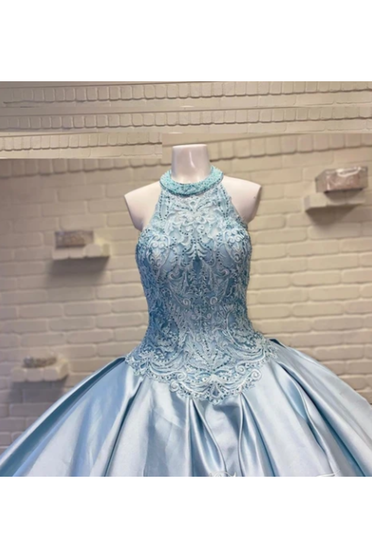 Halter Neckline Rhinestone And Crystal Beaded Quinceañera Dress Satin Ball Gown Prom STCPZQM9EC2