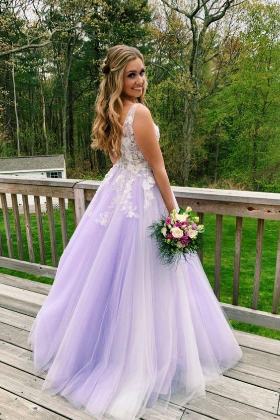 A Line Lilac Appliques V Neck Long Prom Dresses, Long Prom Formal Gowns STC15004