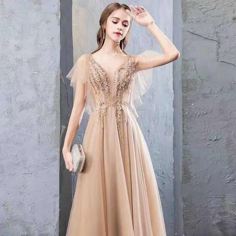 A Line V Neck Tulle Long Prom Dresses, Cheap Evening Dress with STC20488