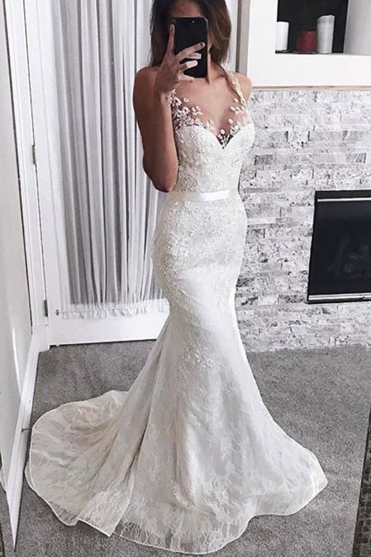 2024 Mermaid Wedding Dresses Straps Tulle Lace High