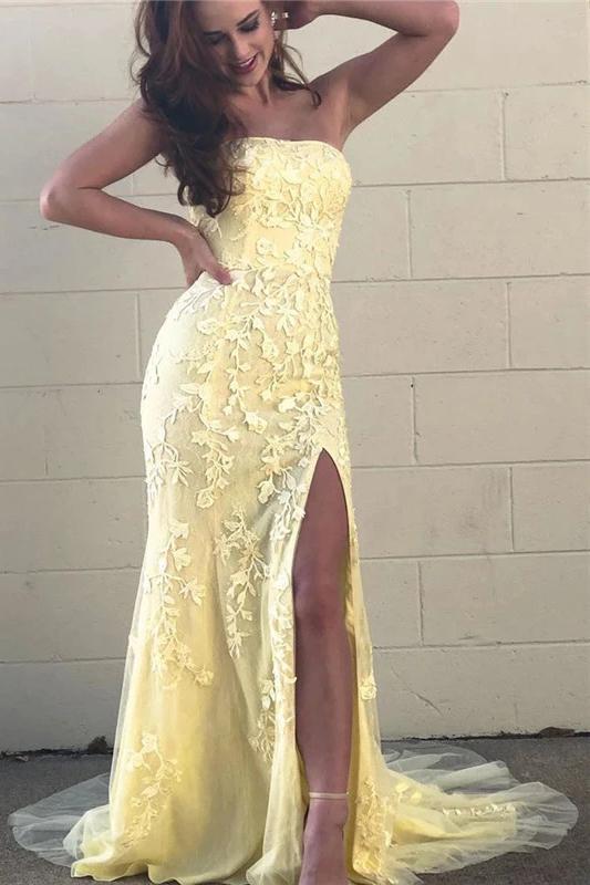 Yellow Mermaid Strapless Lace Appliques Prom Dresses with Slit, Evening STC20475