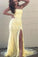 Yellow Mermaid Strapless Lace Appliques Prom Dresses with Slit, Evening STC20475