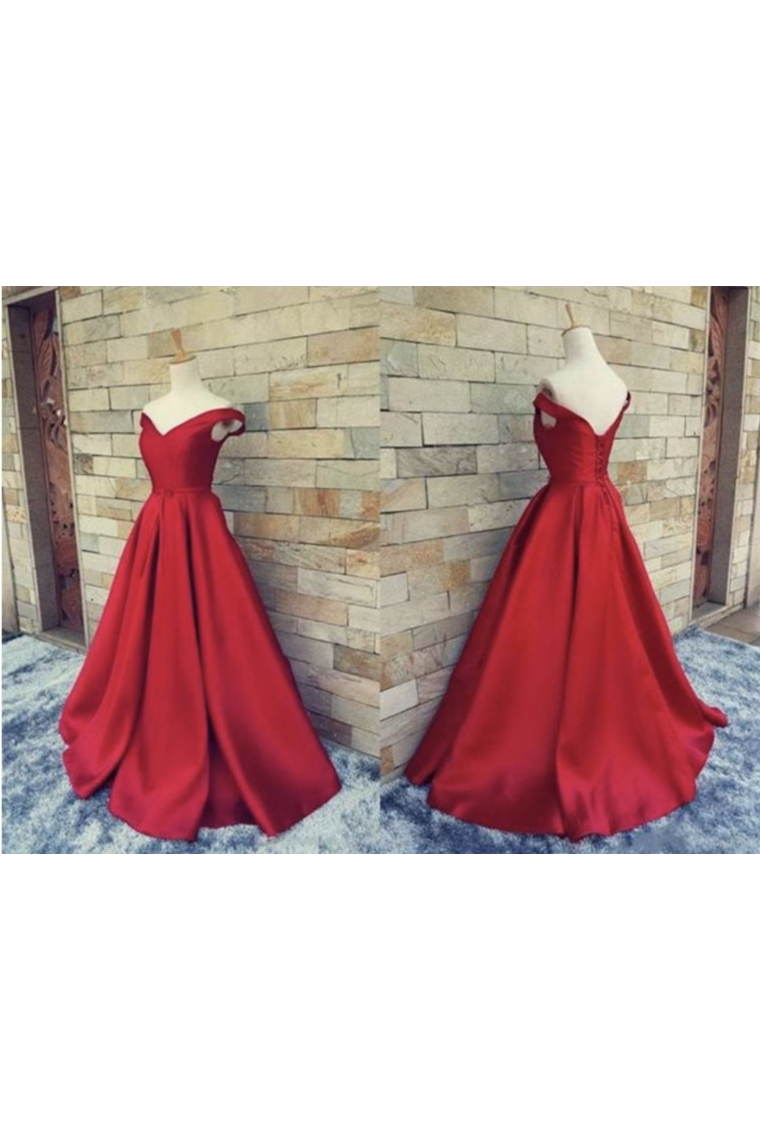 2024 Off The Shoulder Prom Dresses Satin Red Sweep Train Lace Up