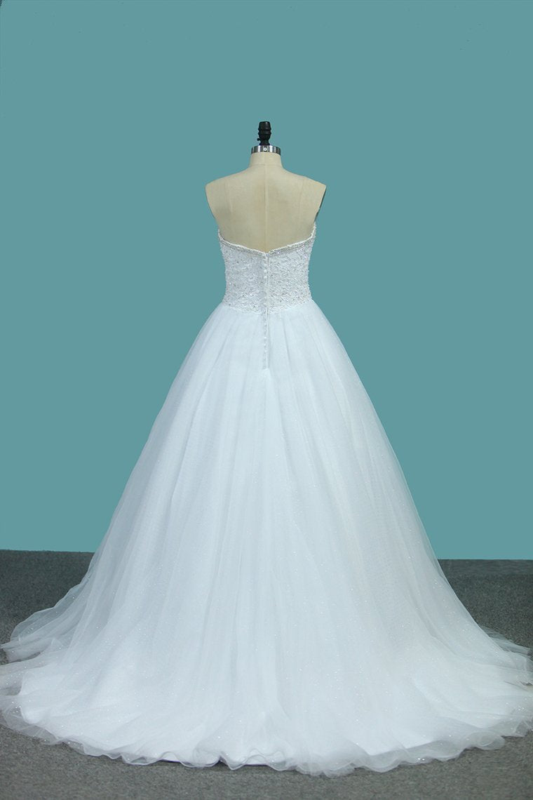 2024 Sweetheart A Line Tulle Wedding Dresses Beaded