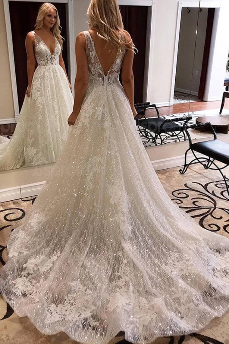 Luxurious Ball Gown V Neck Open Back Ivory Lace Wedding Dresses,Sequins Beach Bridal