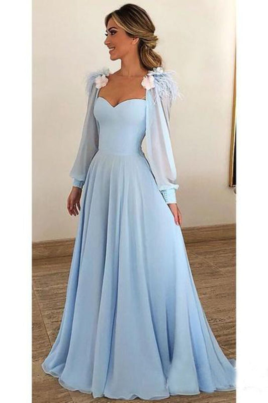 2024 Sky Blue Long Chiffon Prom Dresses With Sleeves Modest