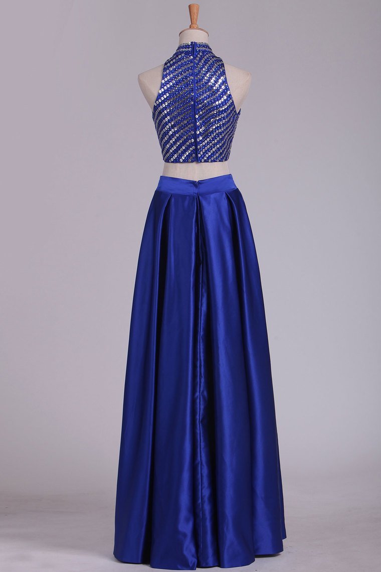 Two Pieces Prom Dresses High Neck Satin With Rhinestones And