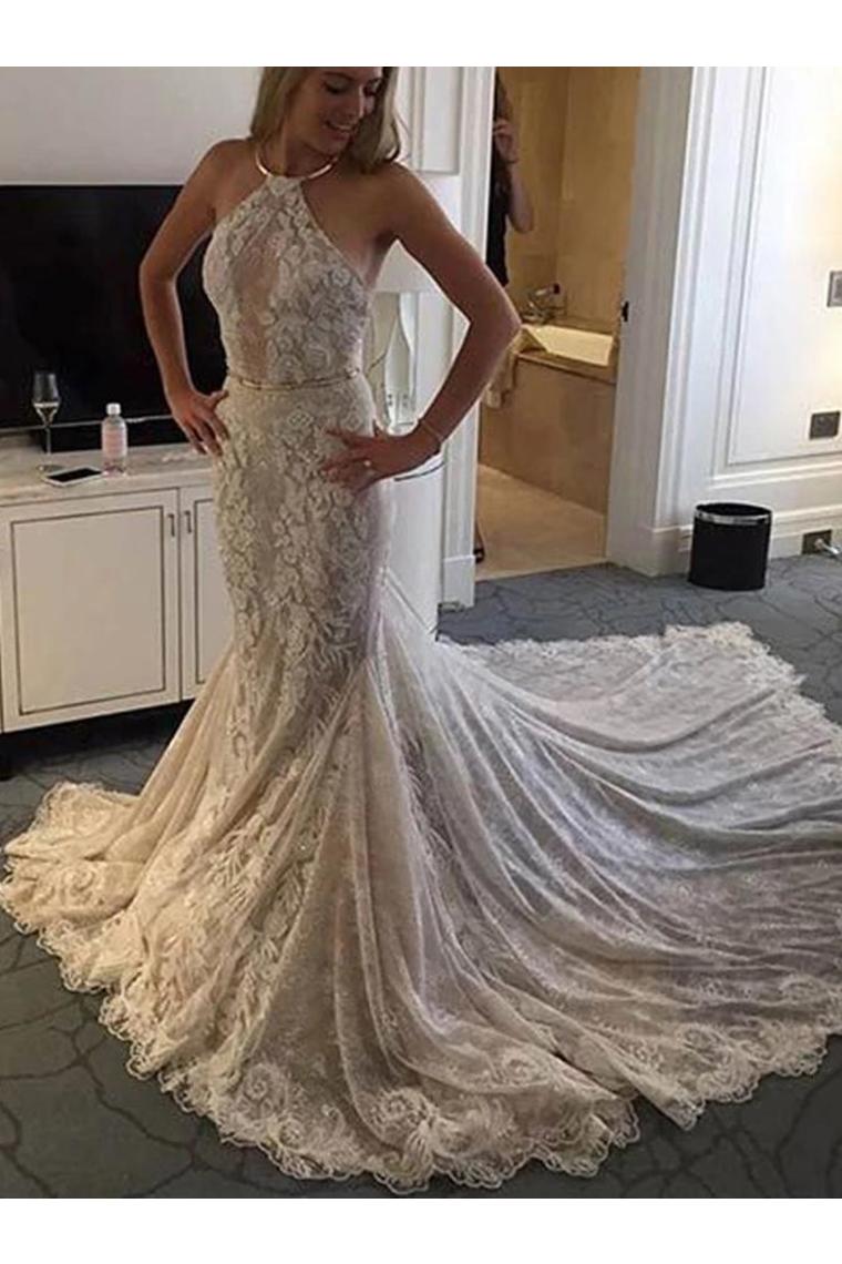 Halter Mermaid Lace Sleeveless Wedding Dress With STCP8XSP72Y